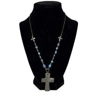Silver Tone Hammered Metal and Blue Beaded Cross Pendant Chain Necklace 18”